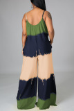 Green Casual Tie Dye Patchwork Spaghetti Strap Loose Jumpsuits