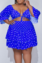 Blue Sexy Print Polka Dot Hollowed Out Patchwork Frenulum Flounce Fold V Neck Plus Size Dresses