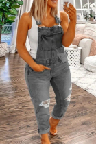 Grey Street Print Solid Ripped Patchwork Buttons Off the Shoulder Regular Jumpsuits