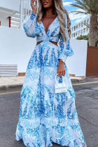 Light Blue Casual Vacation Print Hollowed Out Patchwork V Neck Straight Dresses