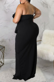 Black Sexy Solid Patchwork Flounce Slit Asymmetrical Strapless Evening Dress Plus Size Dresses