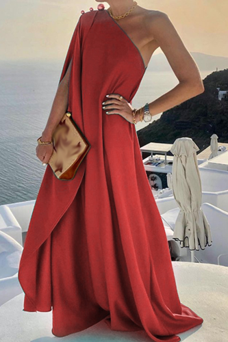 Red Casual Solid Patchwork One Shoulder Straight Dresses