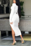 White Sexy Solid Patchwork Slit O Neck One Step Skirt Dresses