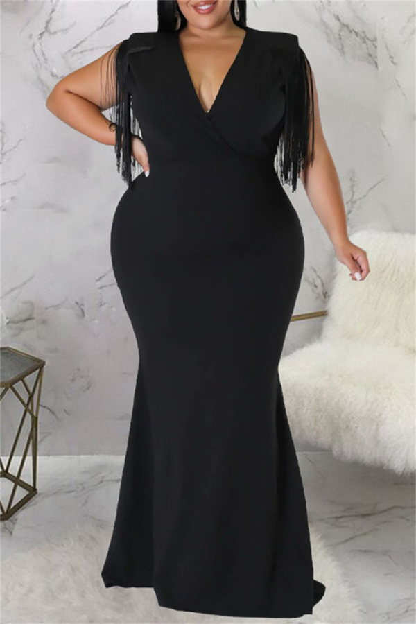 Black Fashion Casual Plus Size Solid Tassel Patchwork V Neck Long Dress