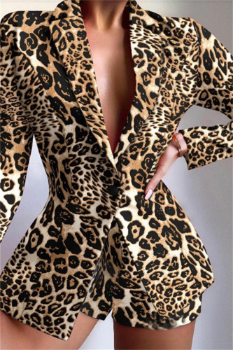 Leopard Print Fashion Casual Print Patchwork Turndown Collar Long Sleeve Two Pieces