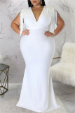White Fashion Casual Plus Size Solid Tassel Patchwork V Neck Long Dress