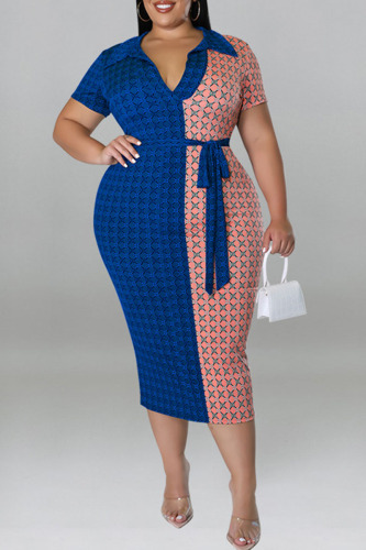 Blue Casual Print Bandage Patchwork V Neck One Step Skirt Plus Size Dresses