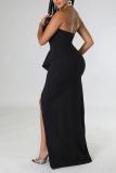 Black Sexy Solid Patchwork Asymmetrical Strapless Evening Dress Dresses