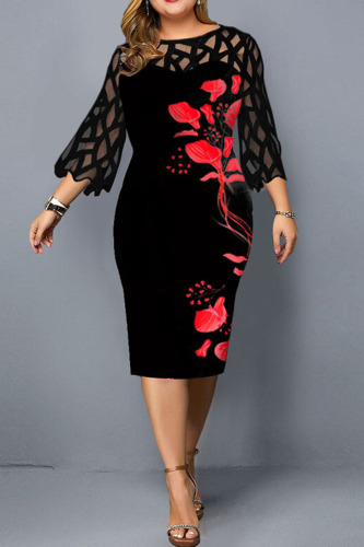 Black Casual Print Patchwork O Neck Straight Plus Size Dresses