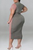 Grey Casual Print Bandage Patchwork V Neck One Step Skirt Plus Size Dresses