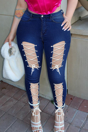 Deep Blue Sexy Street Solid Bandage Hollowed Out Patchwork High Waist Denim Jeans