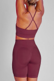 Burgundy Casual Sportswear Solid Patchwork Spaghetti Strap Sleeveless Two Pieces