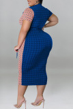 Blue Casual Print Bandage Patchwork V Neck One Step Skirt Plus Size Dresses