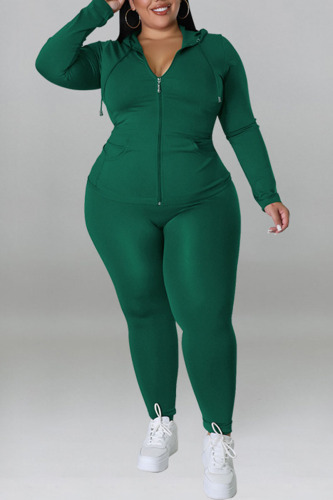 Green Casual Solid Patchwork Zipper Hooded Collar Plus Size Two Pieces