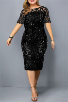 Black Fashion Patchwork Plus Size Sequins See-through O Neck Short Sleeve Dress