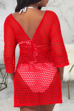 Red Casual Solid See-through Mesh Swimwears Cover Up