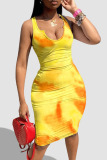 Yellow Fashion Sexy Print Basic U Neck Vest Dress
