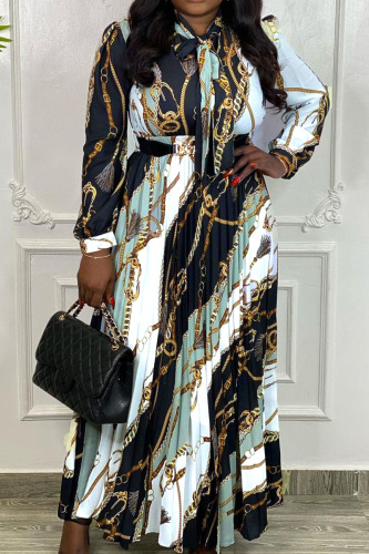 Black Casual Print Patchwork Fold O Neck Straight Dresses