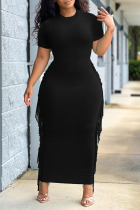 Black Casual Solid Tassel Patchwork O Neck One Step Skirt Dresses