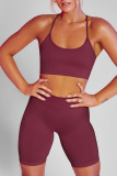Burgundy Casual Sportswear Solid Patchwork Spaghetti Strap Sleeveless Two Pieces