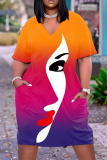 Orange Fashion Casual Print Patchwork V Neck Short Sleeve Dress