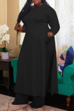 Black Casual Solid Slit O Neck Plus Size Two Pieces