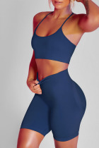 Navy Blue Casual Sportswear Solid Patchwork Spaghetti Strap Sleeveless Two Pieces