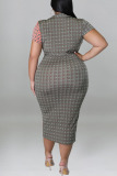 Grey Casual Print Bandage Patchwork V Neck One Step Skirt Plus Size Dresses