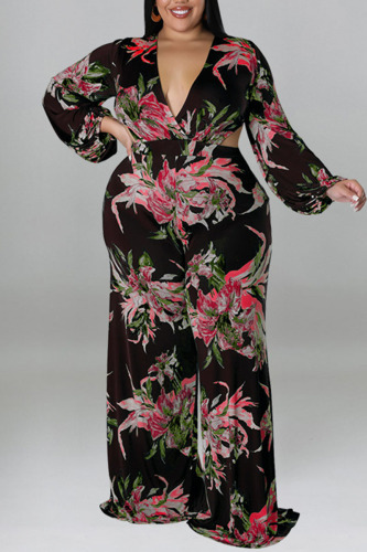 Black Casual Print Patchwork V Neck Plus Size Jumpsuits