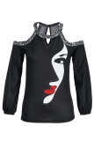 Black Casual Print Hollowed Out Patchwork O Neck Tops