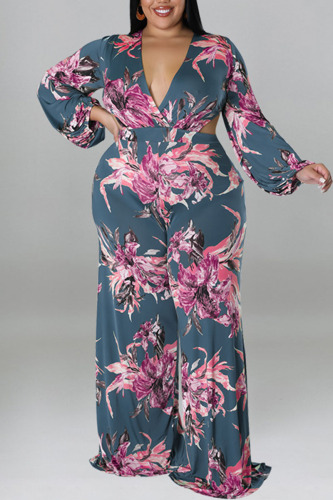 Grey Casual Print Patchwork V Neck Plus Size Jumpsuits