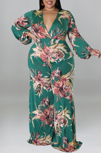 Green Casual Print Patchwork V Neck Plus Size Jumpsuits