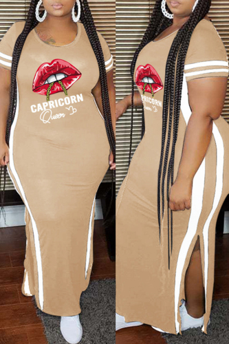 Apricot Fashion Casual Plus Size Lips Printed Patchwork Slit O Neck Short Sleeve Dress