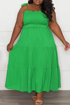 Green Casual Sweet Solid Bandage Patchwork Fold Spaghetti Strap Sling Dress Plus Size Dresses