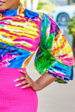 Colour Fashion Casual Print Patchwork Flounce Half A Turtleneck Pencil Skirt Dresses