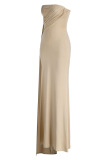 Apricot Fashion Sexy Solid Patchwork Backless Slit Strapless Evening Dress