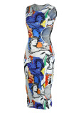 Blue Sexy Print Hollowed Out Patchwork O Neck Pencil Skirt Dresses