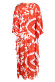 Tangerine Red Fashion Casual Print Patchwork V Neck Long Dress