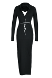 Black Fashion Print High Opening Hooded Collar Pencil Skirt Dresses