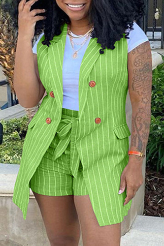 Fruit Green Fashion Casual Striped Print Patchwork Cardigan Turndown Collar Plus Size Two Pieces (Without T-shirt)