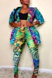 Turquoise Fashion Casual Print Cardigan Pants Turndown Collar Plus Size Two Pieces
