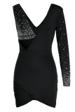 Black Fashion Sexy Patchwork Hot Drilling Hollowed Out Backless V Neck Long Sleeve Dresses