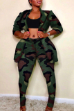 Camouflage Fashion Casual Print Cardigan Pants Turndown Collar Plus Size Two Pieces