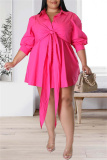 Rose Red Fashion Casual Solid Patchwork Turndown Collar Shirt Dress Plus Size Dresses