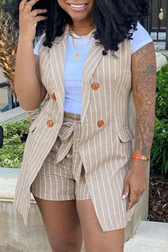 Khaki Fashion Casual Striped Print Patchwork Cardigan Turndown Collar Plus Size Two Pieces (Without T-shirt)