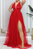 Red Sexy Solid Patchwork Spaghetti Strap Evening Dress Dresses
