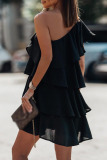 Black Casual Solid Patchwork Flounce Oblique Collar Cake Skirt Dresses