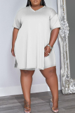 White Fashion Casual Solid Patchwork Slit V Neck Plus Size Two Pieces