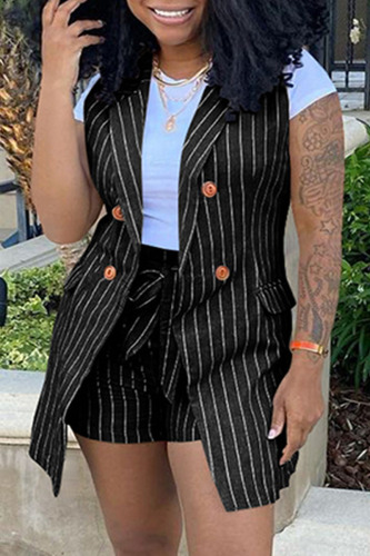 Black Fashion Casual Striped Print Patchwork Cardigan Turndown Collar Plus Size Two Pieces (Without T-shirt)