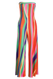 Tangerine Red Casual Print Patchwork Strapless Straight Jumpsuits